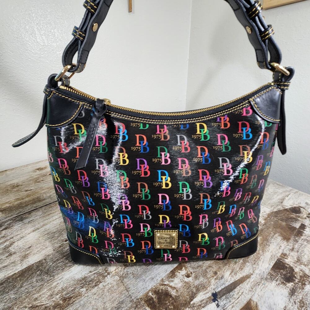 Dooney & Bourke DB Monogram Rainbow Multicolor Black Shoulder Hobo Bag Purse Y2K